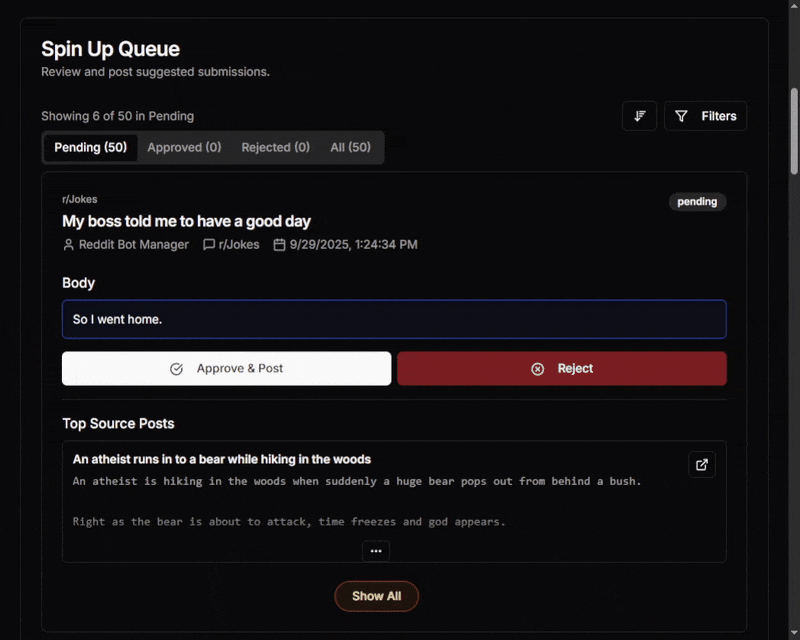 Reddit Bot Manager Interface